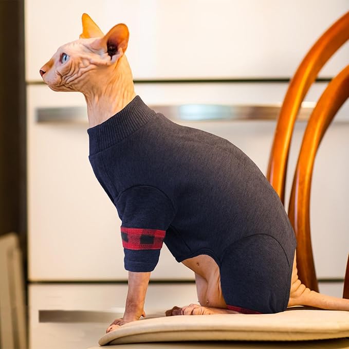 Sphynx Hairless Cats Sweater Shirt Kitten Soft Pullover Cute Cat Pajamas Jumpsuit Cotton Apparel Pet Winter Turtleneck for Cats,DarkBlue L