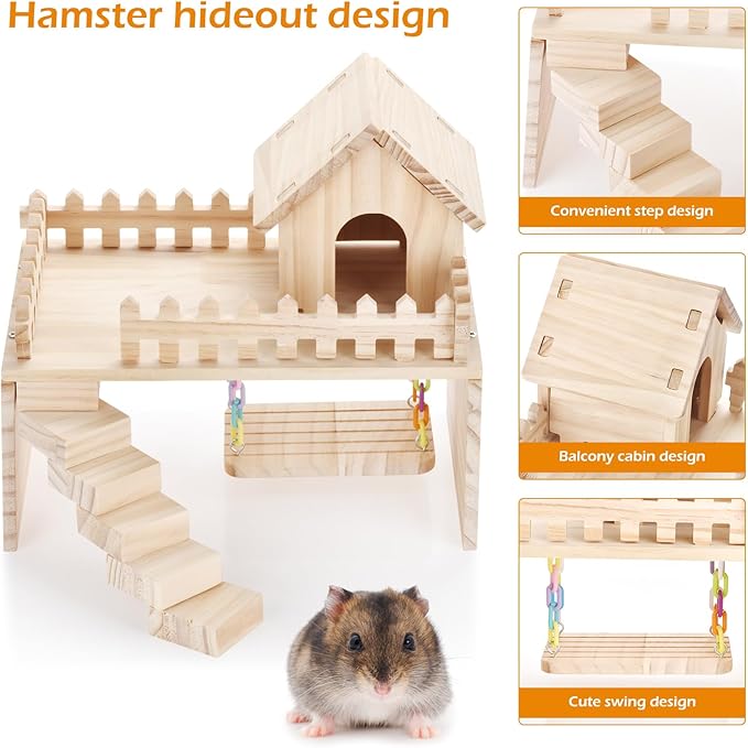 Wooden Hamster Hiding Place, Hamster Cabin with Ladder, Swing Platform Decoration, Detachable Small Animal cage Accessories, Suitable for mice, Sand Rats and Other Small Pets
