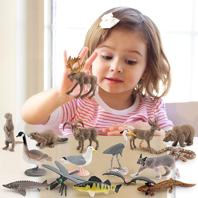 1-2 Inch Mini Biome Great Lakes North American Set for Cake Topper Plastic Animals Figurines Set Water Snake Bat Goose Figurines Dragonfly Figure Toy Gift for Kid Toddlers