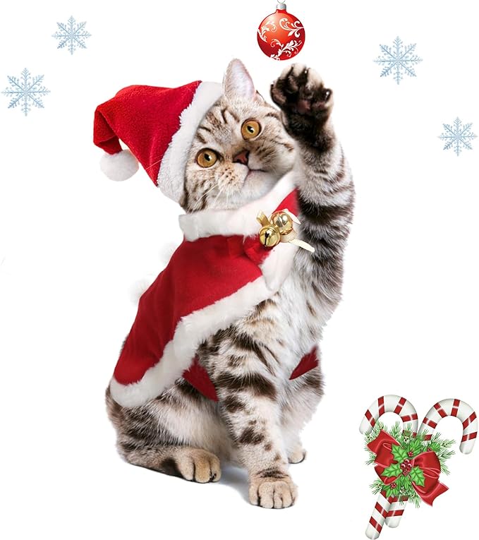 Cat Christmas Costume with Santa Hat and Cloak Cat Xmas Outfit for Kitten/Puppies/Home Christmas Decoration