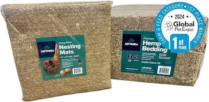 All Walks 70L Coop Combo Hemp Pet Bedding & Chicken Nesting Mats - 100% Natural Hemp Small Animal Bedding and Cushioned Pads for Hen Nesting Box - Chicken Coop Accessories for Laying Eggs - USA Made
