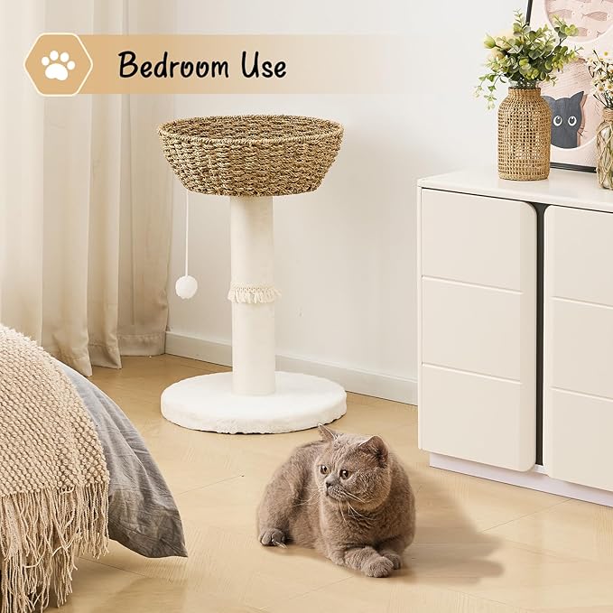 Cat Tree Tower, Natural Material Cat Condo with Handwoven Nest Basket Bed, Cotton Scratching Post, Funny Hanging Toy Ball, 2 Sides Cushion Top Perch, Seagrass