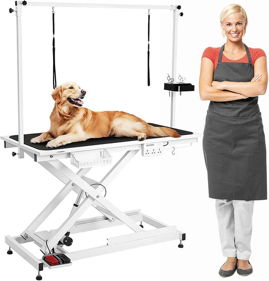 Electric Lift Pet Dog Grooming Table, 50Inch Height Adjustable Grooming Table for Large Dogs with Two Nooses, Wireless Remote, Tool Organizer, White