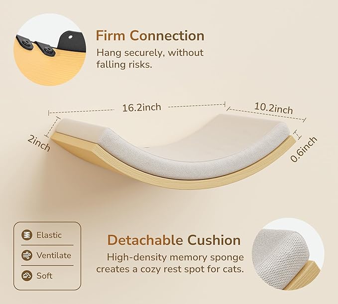 Cat Wall Shelf & Window Perch Combo, Wood Cats Wall Furniture with Soft Foam Curved Bed and Felt-Padded Steps, 4-Piece Floating Cat Climbing System