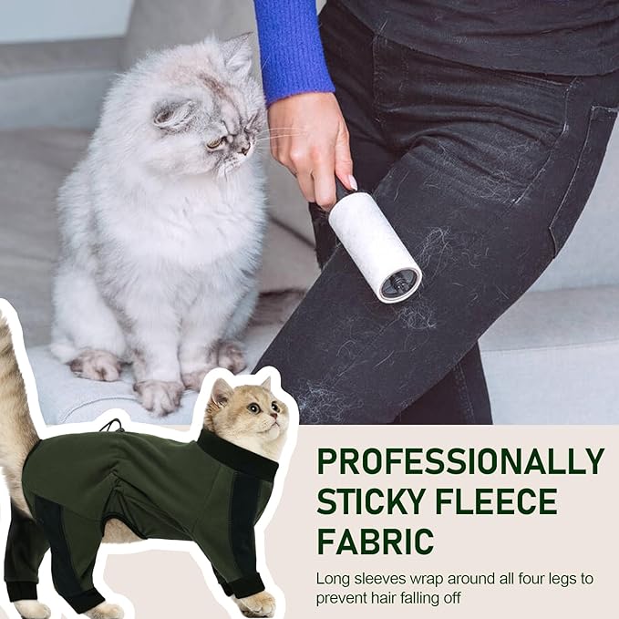 Cat Pajamas for Cats Only, Sticky Hair Cat Clothes, Long Sleeve Sphynx Clothes, Anti-Licking or Skin Disease Recovery Suit for Female Cats, Kitten Onesie Pajamas, ArmyGreen, S