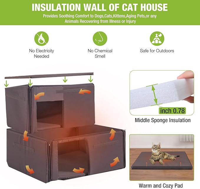 Outdoor Cat House Weatherproof Cat Shelter with Insulated Liner for Winter,Two Story