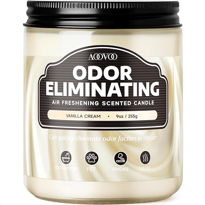 AOOVOO Vanilla Cream Odor Eliminating Highly Fragranced Candle - Eliminates 95% of Pet, Smoke, Food, and Other Smells Quickly, Air Freshing Soy Candle, 9 oz Up to 50 Hours Burn time