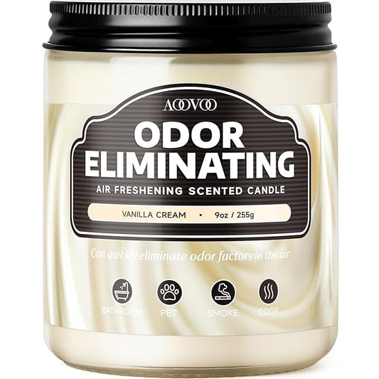 AOOVOO Vanilla Cream Odor Eliminating Highly Fragranced Candle - Eliminates 95% of Pet, Smoke, Food, and Other Smells Quickly, Air Freshing Soy Candle, 9 oz Up to 50 Hours Burn time