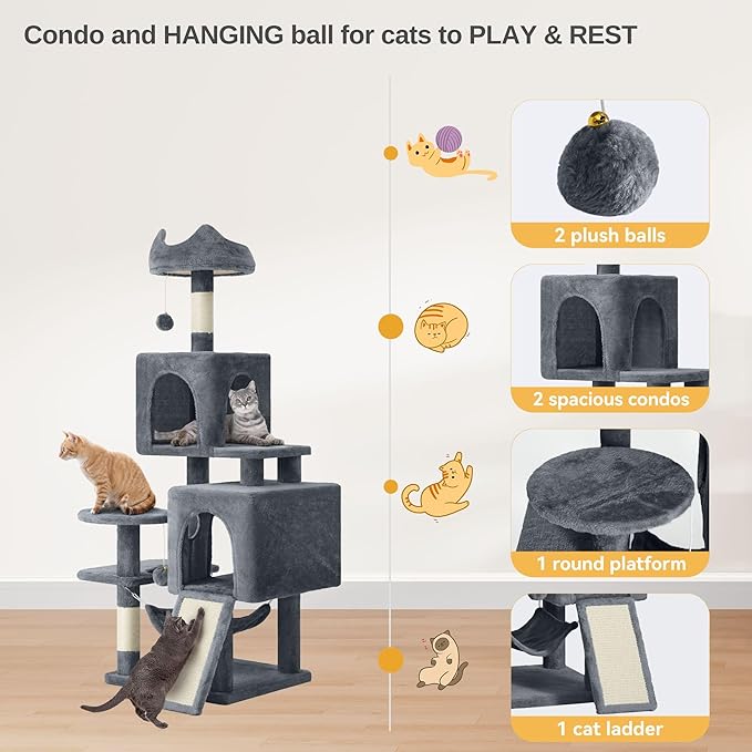DWVO 54 in Multi-Level Cat Tower: Cats Tree for Indoor Kittens, Pet Furniture with Kitty Condos, Sisal Scratching Posts, Plush Perches, Cozy Hammock, Dark Gray