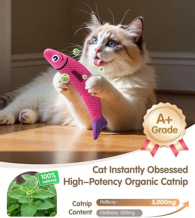 PetBusyInteractive Cat Toys with[5000mg Premium A+Catnip][Baby Grade] Soft Chew Kicker Cat Toys for Indoor Cats & Kittens, Crinkle &Rattle Fish Sound Toy, Drives Bored Cats Crazy with Fun,3 Pack