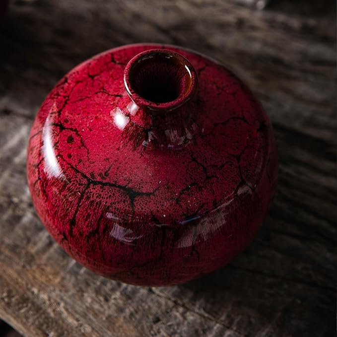 Red Ceramic Bud Vases, Set of 6 Small Glazed Pottery Vases for Floral Arrangements, Decorative Rustic Vases for Modern Farmhouse Home Decor, Living Room, Dining Table Centerpieces