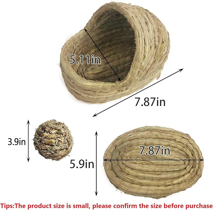 kathson Guinea Pig Grass House Guinea Pig Hideout Bunny Woven Hay Bed Hand Woven Natural Grass House for Hamster Bunny and Small Animals with Hay Chew Balls Toys(Small)