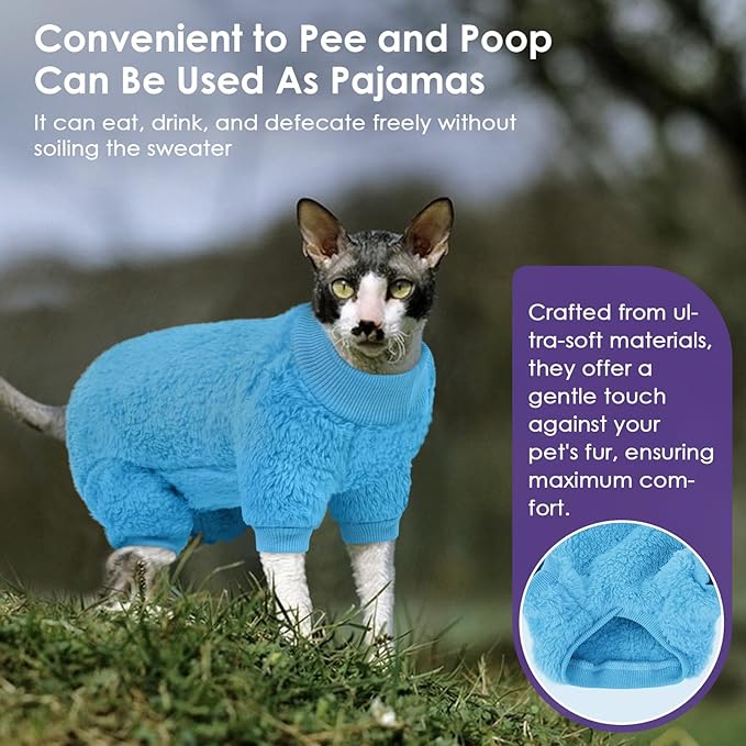 SUNFURA Sphynx Hairless Cat Sweater, Full Body Warm Fleece Sweaters with Sleeves for Cats, Soft Turtleneck Cat Clothes, Cozy Pullover Pajamas for Hairless Cats Devon, Donskoy & Small Dogs, Blue S