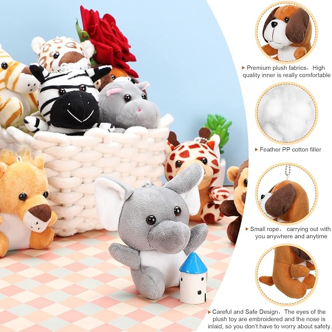 Skylety 12 Pieces Mini Stuffed Animals 4.8 Inch Cute Safari Plush Toys Elephant Lion Giraffe Tiger Puppy Zebra Duck for Jungle Animal Themed Parties Teacher Student Award Prizes