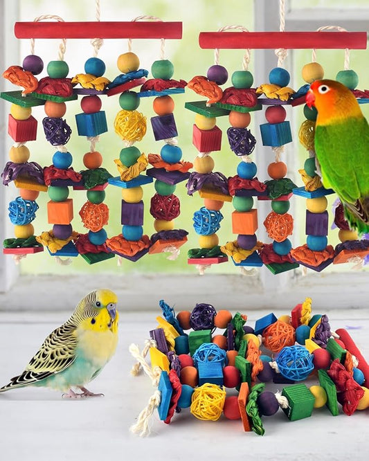 Bird Toys, 3PCS Parrot Foraging Hanging Toy, Multicolored Natural Wooden Blocks Parakeet Chewing Toys mit Rattan Wicker Balls, for Medium Small Cockatoos Budgie Lovebird Cockatiel Conure