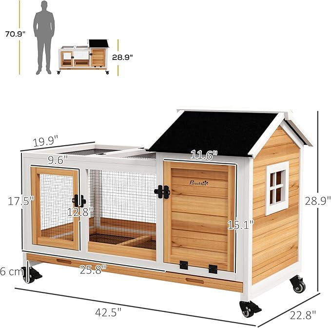 PawHut Indoor Outdoor Wooden Rabbit Hutch with Wheels, Large Bunny Hutch with Run & Slide-Out Tray for Small Animals, Guinea Pig, Yellow