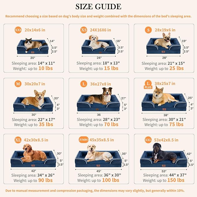 Comfort Expression Large Dog Beds, Waterproof Dog Beds Orthopedic Foam, Dogs Sofa Comfy Pet Beds with Washable Removable Cover & Non-Slip Bottom(Large,Navy Blue)