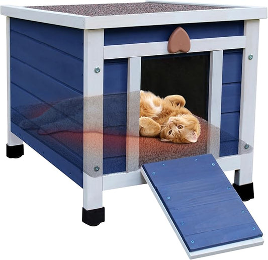 Deblue Outdoor Cat House with Self-Warming Mat, Weatherproof Cat House for Feral Cat, Cat Houses for Outdoor Cats (Blue House with Mat)