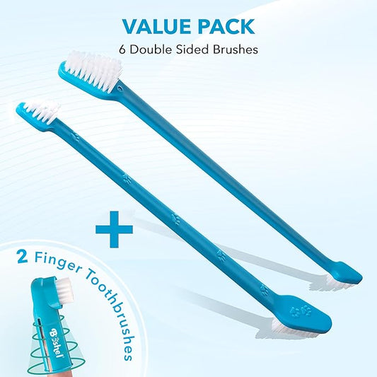 Boshel Dog Toothbrush Kit, 6 Dual-Headed Dog Tooth Brush + 2 Pet Finger Toothbrush for Small and Large Breeds, 8 Pack
