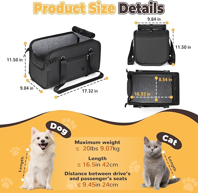 YUDODO Large Dog Car Seat for Center Console (Width＞9.5in) Fits 10-20lbs, Anti-Slip Puppy Cat Travel Portable Booster Seat, Luxury Pet Car Bed Carseat PU Leather Black