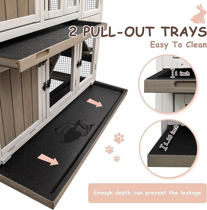 42.7" L Rabbit Hutch Indoor Outdoor 2-Story Rabbit Cage with 4 Wheels,Guinea Pig Cage Bunny Hutch with 2 Pull Out Trays,Bunny Cage with Asphalt Roof for Small to Medium Animals