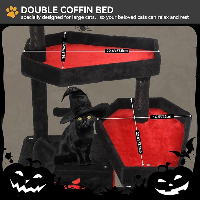 YITAHOME Gothic Cat Tree with Coffin Bed, 63" Tall Cat Tower for Indoor Cats with Top Perch, Spacious Cat Condos, Spider Hanging Balls,Comfy Hammock, Scratching Post and Ladder, Black Halloween