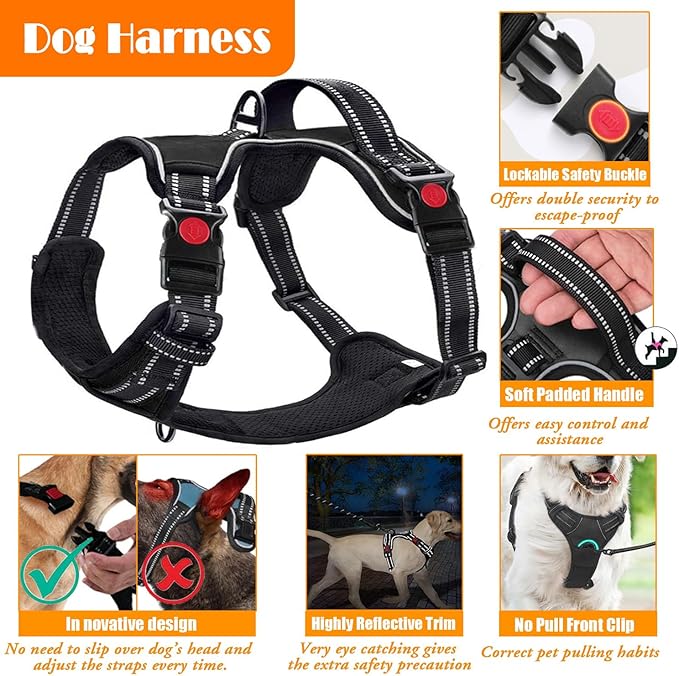 No Pull Dog Harness, Collar & Leash Set | Includes Dog Seat Belt, Collapsible Bowls & Poop Bag Dispenser. Ideal for Training, Walking, Hiking. Fits Small to Large Dogs(Pink-XL)
