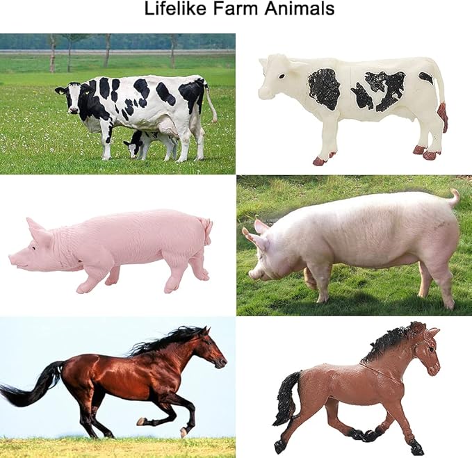 Realistic Farm Animal Figures Toys, 44 Pcs Plastic Farm Figurines Playset Includes Fences Mini Farm Animal Cake Topper Learning Toy Set for Kids & Toddlers