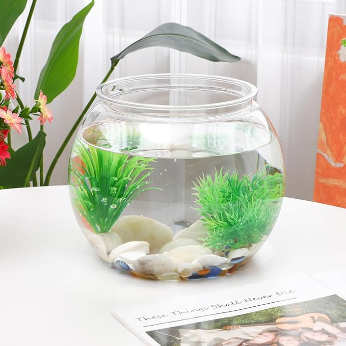 POPETPOP Plastic Aquarium Betta Fish Tank: Large Clear Fishbowl Goldfish Bowl - Tank Vase Pot Clear Bubble Planter with Break Resistant for Home décor Wedding Event Party 8.67 x 6.89 Inches
