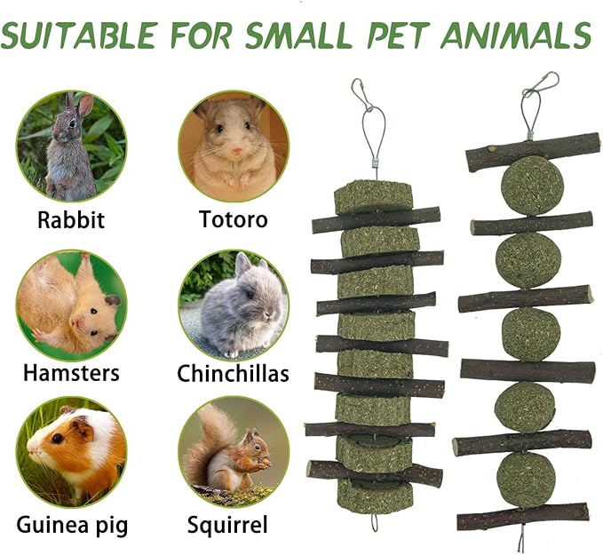 Natural Rabbits Treats Aple Branches pple Sticks with Timothy Hay Balls Grass Cake Hanging Chew Toys for Hamsters,Bunny, Chinchilla,Guinea Pigs
