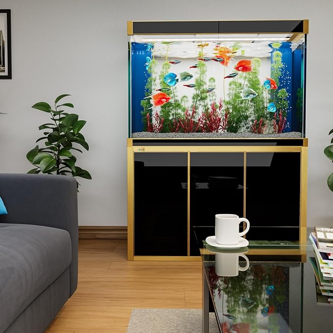 175 Gallon Aquarium Tempered Ultra Clear Glass with Complete Setup in Black with Gold Trims with Stand, Pump, Filter, and LED Bundle