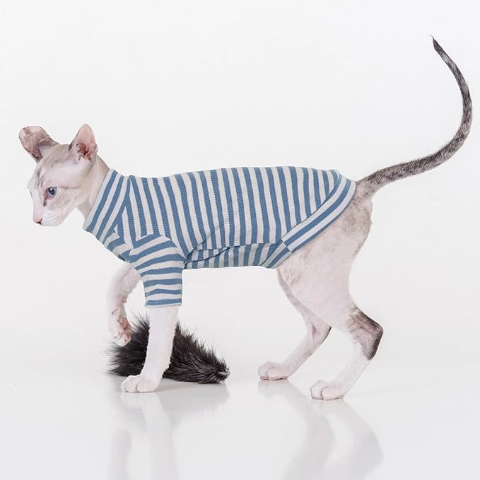 PUMYPOREITY Sphynx Cat Clothes: Soft Hairless Shirt With Sleeves, Stretchy Sweater, Pullover Pajamas Jumpsuit, Turtleneck Outfit for Sphynx Cornish Rex, Devon Rex - Blue, M