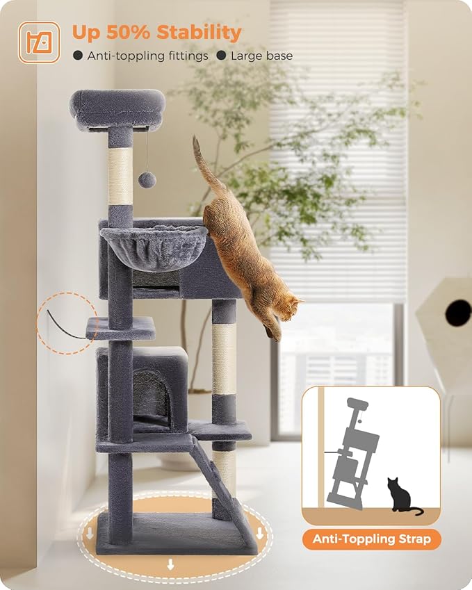 Cat Tree for Large Cats Adult with Super Large Top Perch, 56.3" Cat Tower for Large Cats with Plush Hammock, Cat Shelves and Dangling Pompom, Cat Scratching Posts and 2 Condos House, Dark Gray