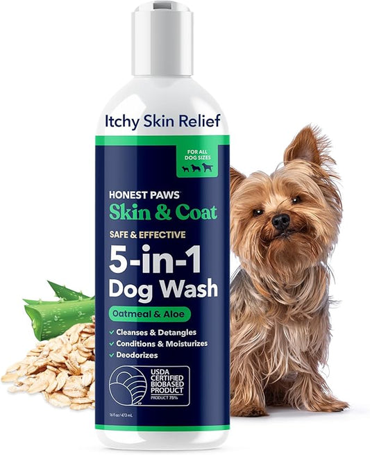Honest Paws Dog Shampoo and Conditioner - Premium Dog Wash for Allergies and Dry, Itchy, Moisturizing for Sensitive Skin - Sulfate Free, Plant Based, All Natural - Oatmeal & Aloe -16 Fl Oz