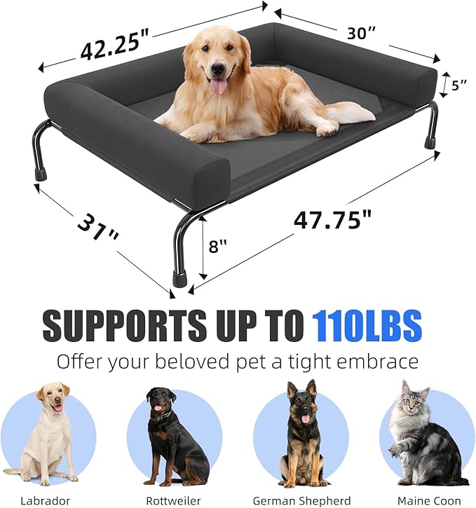 Simple Trending Elevated Dog Bed for Large Dogs, Cooling Raised Dog Cot with Bolsters, Breathable Pet Bed for Outdoor, 47.75" x 31", Black