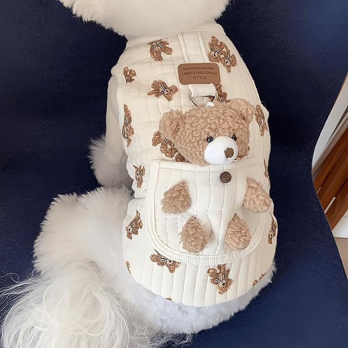 Cute Pet Apparel Plush Bear Pattern Cartoon Dog Clothes All Season Sleeveless Puppy Kitten Pullover Soft Skin-Friendly (White1, M (4.4-7.7lbs))