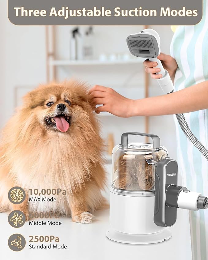 Dog Vacuum Grooming Kit for Shedding: Professional Hair Clippers Pet Groomer - Strong Suction Cleaner Deshedding Tool Fur Brush Attachment Trimmer for Home Cat (Cream White)