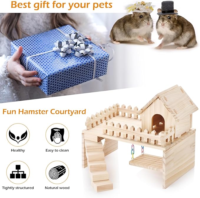 Wooden Hamster Hiding Place, Hamster Cabin with Ladder, Swing Platform Decoration, Detachable Small Animal cage Accessories, Suitable for mice, Sand Rats and Other Small Pets