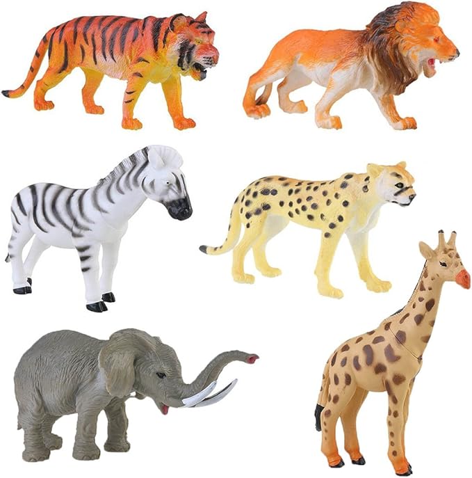 Lchen Safari Animals Figures, 4" Zoo Safari Plastic Figurine Model Decoration with Tiger Leopard Lion Giraffe Zebra Elephant (Pack of 6)