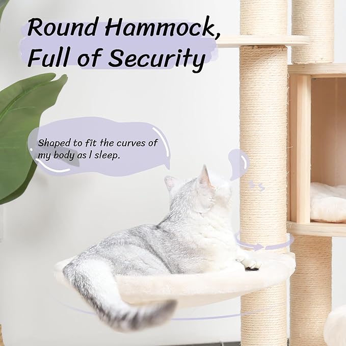 KAMABOKO 64" Tall Cat Tree - Wooden Cat Trees Tower with Cat Condo, Hammock & Top Perch, Modern Tall Cat Tree w/Natural Sisal Posts for Climb Scratch Play Rest
