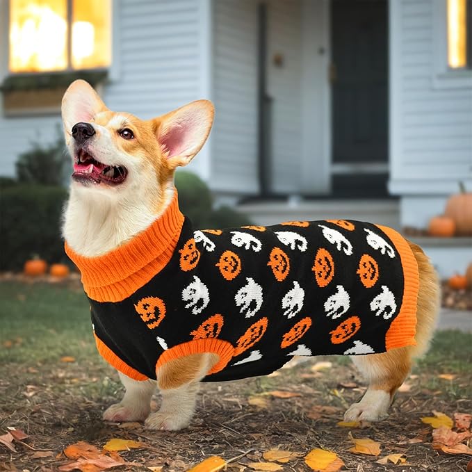 Vehomy Dog Halloween Sweater Pet Pumpkin Ghost Costume Cat Pumpkin Turtleneck Knitwear Shirt Pullover Dog Puppy Halloween Sweaters Clothes Outfits for Cats Small Medium Large Dogs M