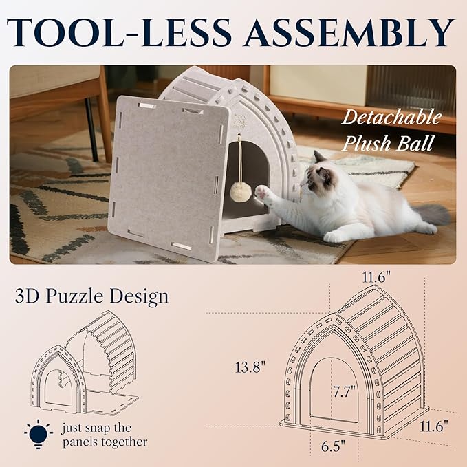 Apasiri Thermal Insulatef Cat Bed Cave for Indoor Cats: Felt Cat Scratcher House, Enclosed Cat Bed, Cat Shelter for Anxious Cats, Private Kitten Condo, Cat Hut No-Tool Assembly, 11.6x11.6x13.8 Inches