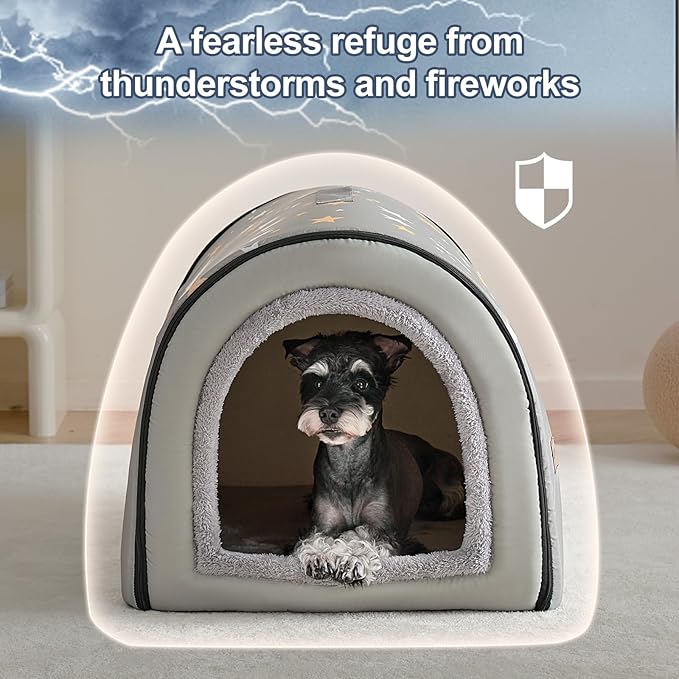 Jiupety Indoor Dog House, 2-in-1 Portable Foldable House Bed with Cover, Pet Tent & Cave Bed for Medium Dogs, XL(28"×21"×19"), Up to 40 Lb, Grey