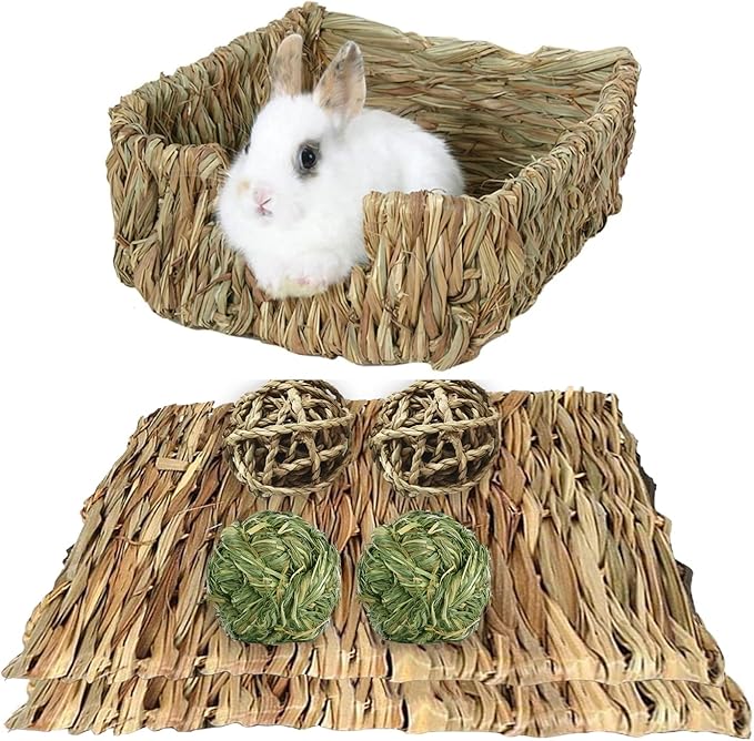 Hamiledyi Rabbit Grass Bed Natural Handmade Hay Mat Chew Balls for Rabbit Gerbil Chinchilla Guinea Pig Ferret Other Small Animals(7 Pcs)