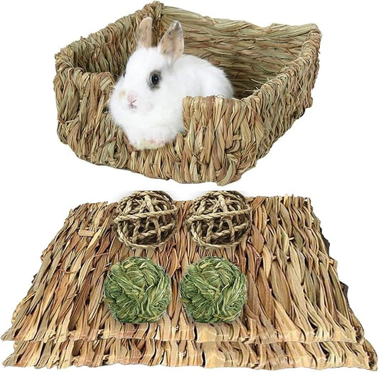 Hamiledyi Rabbit Grass Bed Natural Handmade Hay Mat Chew Balls for Rabbit Gerbil Chinchilla Guinea Pig Ferret Other Small Animals(7 Pcs)