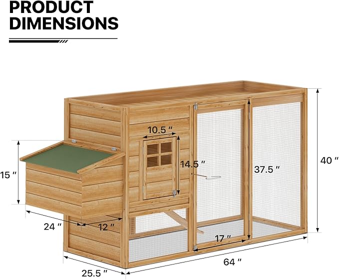 MoNiBloom 2-Layer Chicken Coop with Run and Nesting Box, Ventilation Wire Fence Wood Chicken House Duck Hutch Bunny Cage with Removable Tray Ramp and Waterproof Asphalt Roof 64 x 25.5 x 40 inch