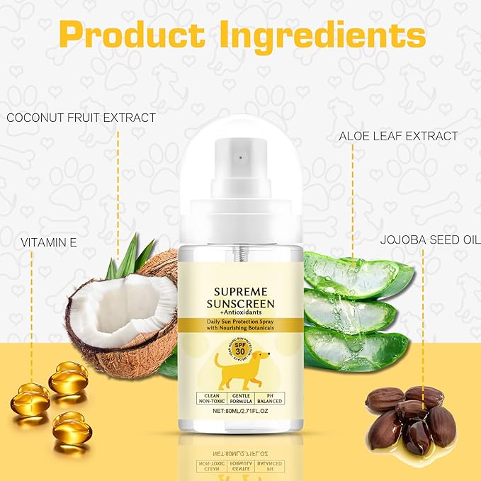 SPF 30 Dog Sunscreen Spray - Water-Resistant, UV Protection for Ears, Nose and Paws - Vitamin E Enriched, Broad Spectrum - Dog Camping Gear - Gentle Sunscreen for White Dogs