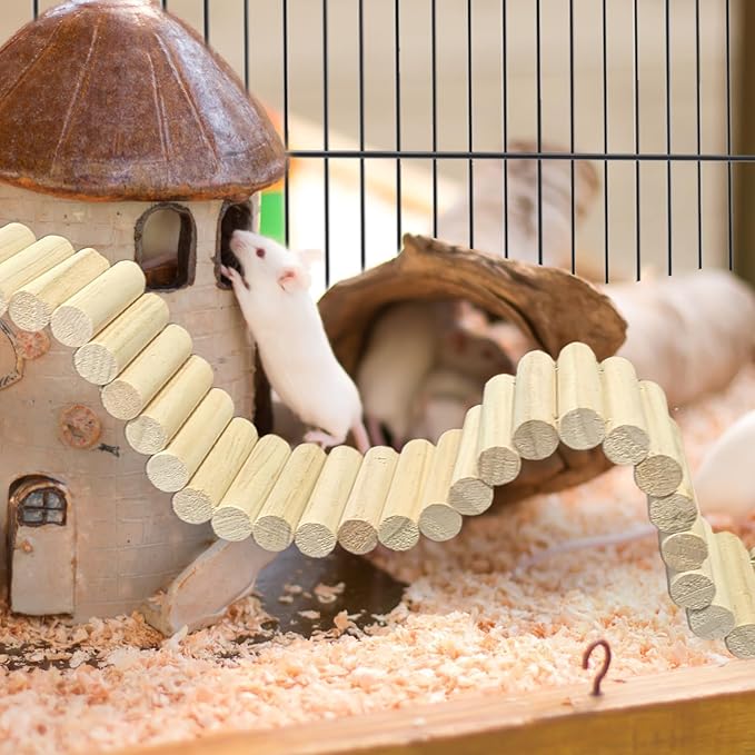 kathson 2Pcs Wooden Hamster Suspension Ladder Bridge,Bendable Long Climbing Ladders Pet Cage Toy Accessories Hideout Natural Chew Balls for Mouse Chipmunk Rabbits and Other Small Animals
