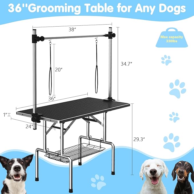 36''Large Dog Grooming Table, Adjustable Cat Drying Desktop with Arms, Nooses, Mesh Tray, Foldable Pet Station at Home, Maximum Capacity Up to 330Lb, 36inch, Black