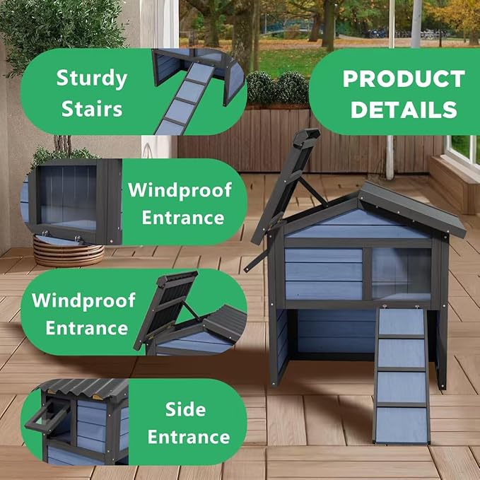 2 Story Wooden Outdoor Cat House Weatherproof with Escape Doors, Openable Roof, Feral Cat Shelter, Suitable for Small Animal